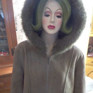 Gloria Vanderbilt Green Coat with Hood Faux Shearling with Faux Fur Hood Trim XL